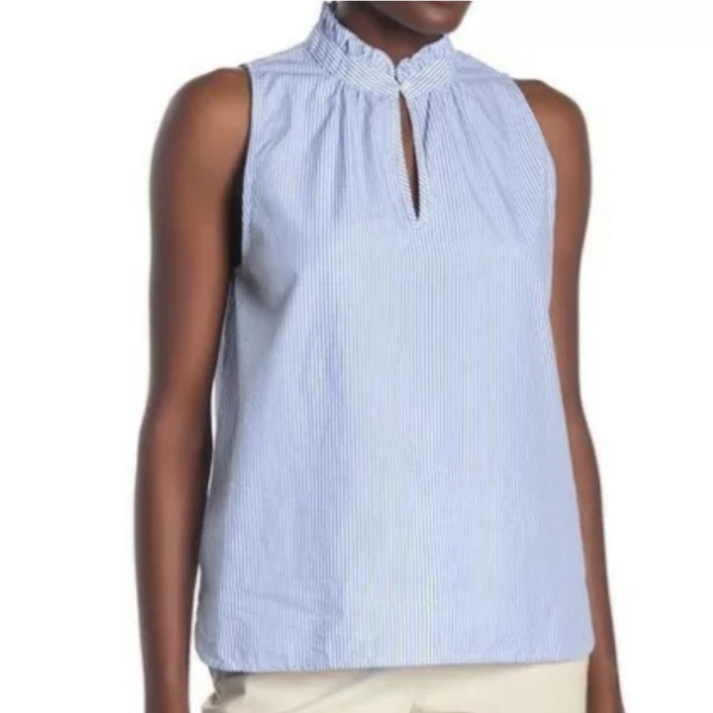 J.Crew Women S Blue White Cotton Sleeveless Poplin Keyhole Ruffle Neck Top